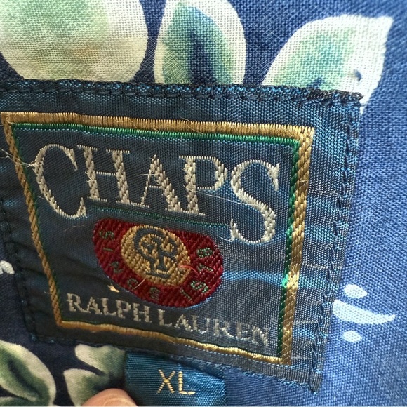 VINTAGE! 90s Chaps Ralph Lauren Men's XL Blue Floral Hawaiian Camp Shirt Cotton - Picture 7 of 8